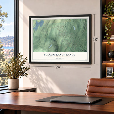 Pocono Ranch Lands, Pennsylvania map, 18 x 24 inch print in a black frame in a home office