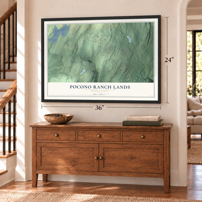 Pocono Ranch Lands, Pennsylvania map, 24 x 36 inch print in a black frame above a dresser by a staircase