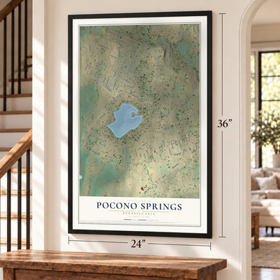 Pocono Springs, Pennsylvania map, 24 x 36 inch print in a black frame by a staircase