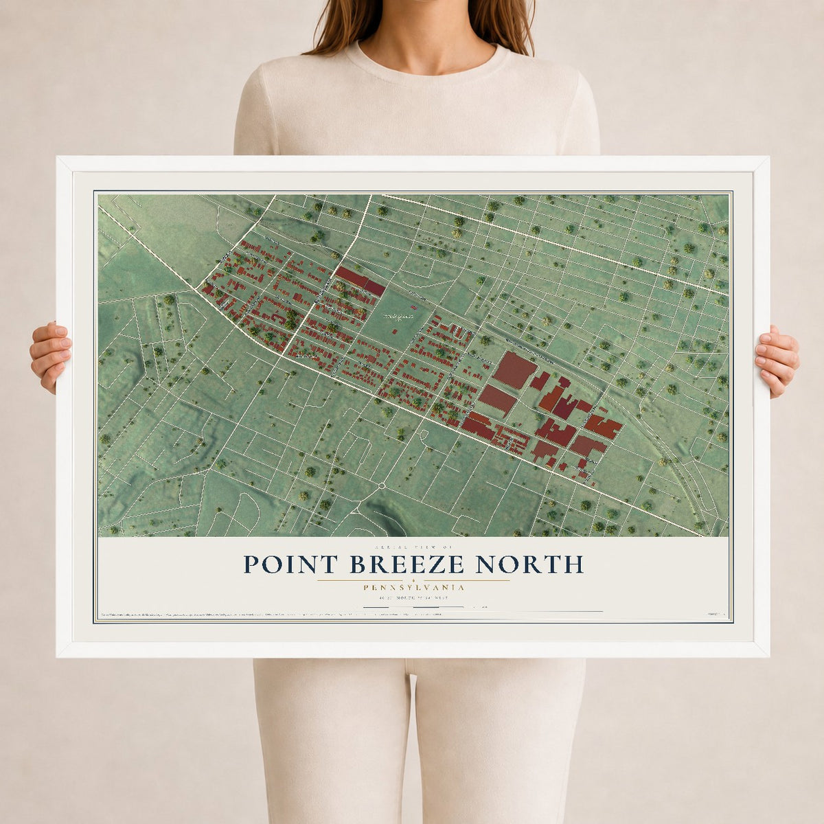Map of Point Breeze North, Pennsylvania, 24 x 36 inch print in a white wood frame