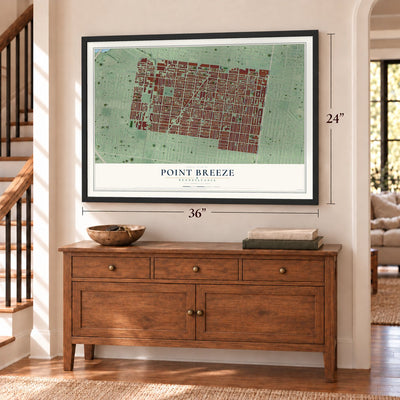 Point Breeze, Philadelphia, Pennsylvania map, 24 x 36 inch print in a black frame above a dresser by a staircase