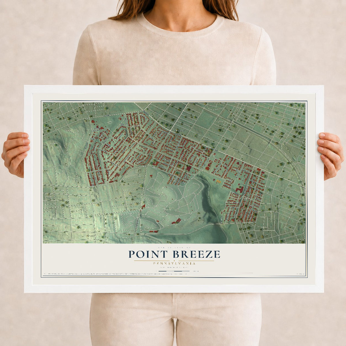 Map of Point Breeze, Pennsylvania, 12 x 18 inch print in a white wood frame