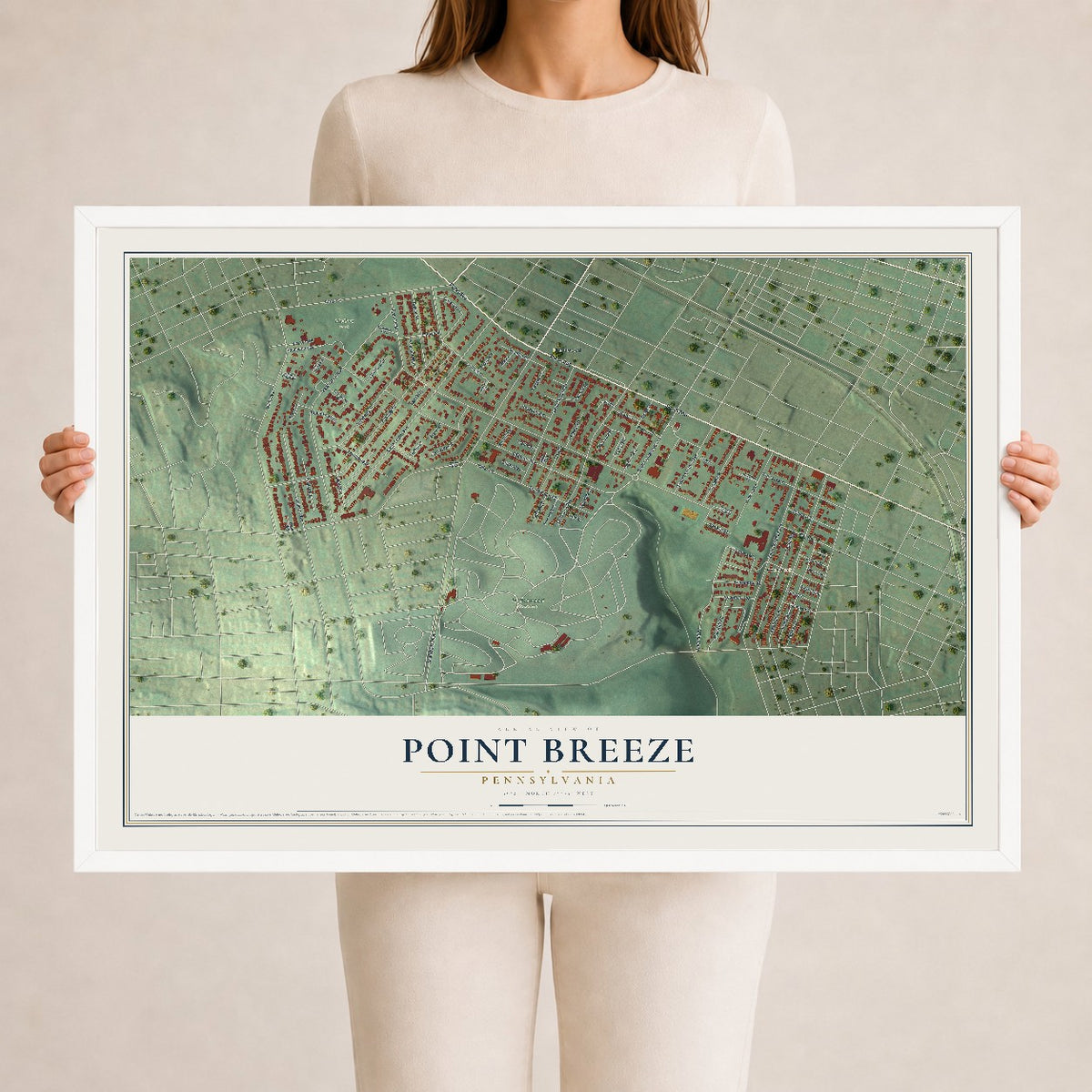 Map of Point Breeze, Pennsylvania, 24 x 36 inch print in a white wood frame