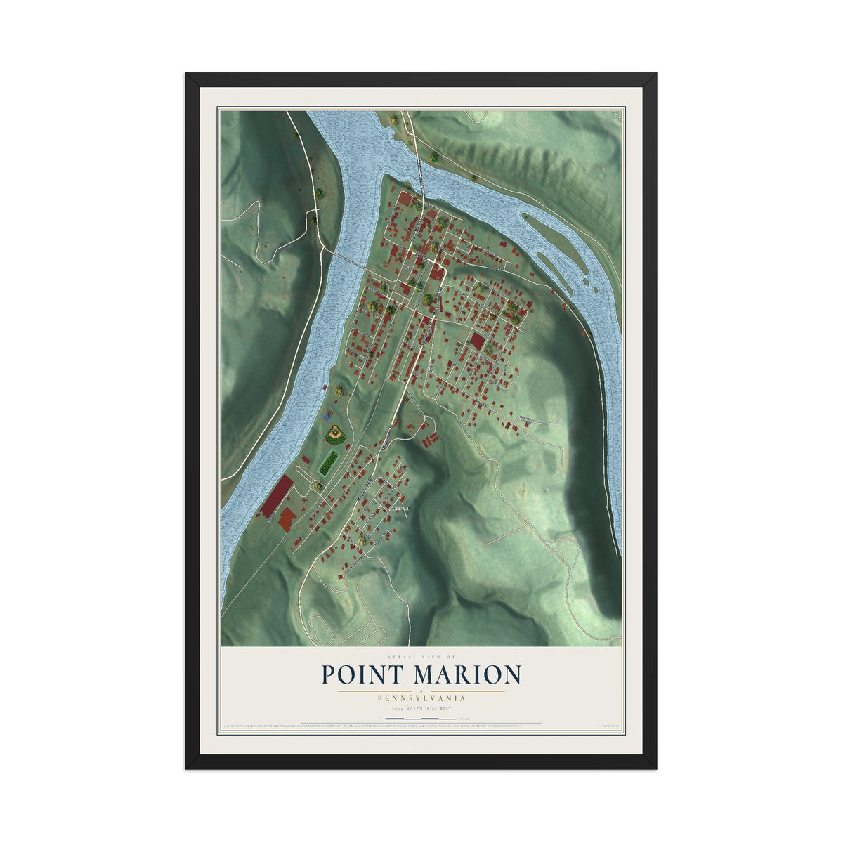 Map of Point Marion, Pennsylvania, 12 x 18 inch print in a black wood frame