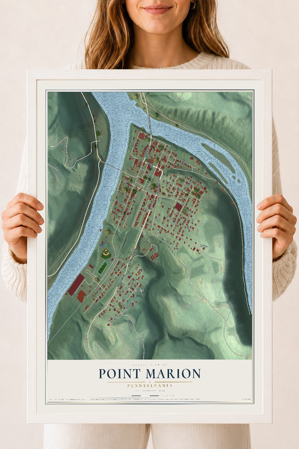 Map of Point Marion, Pennsylvania, 18 x 24 inch print in a white wood frame