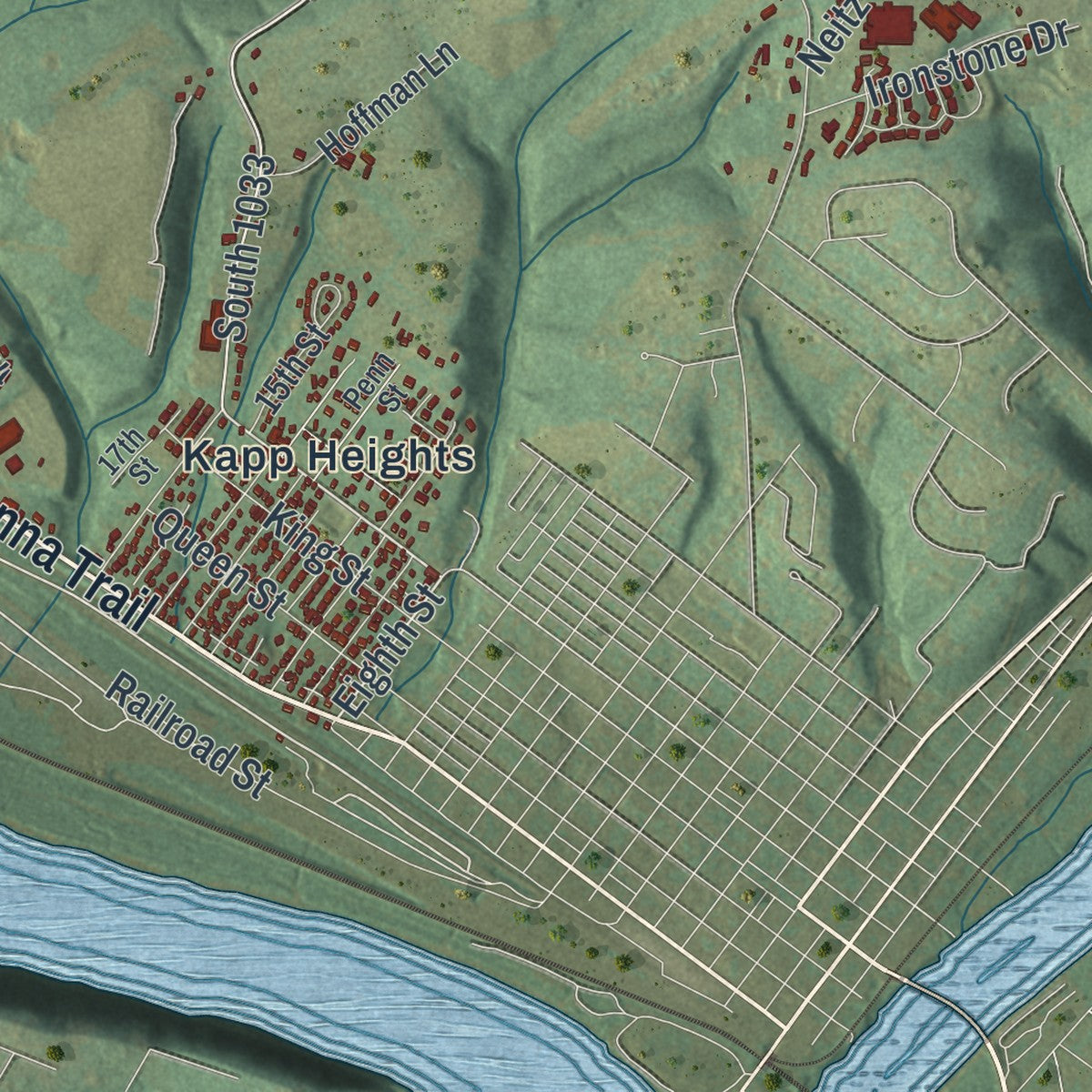 Close-up of the map of Point, Pennsylvania print showing street and building detail