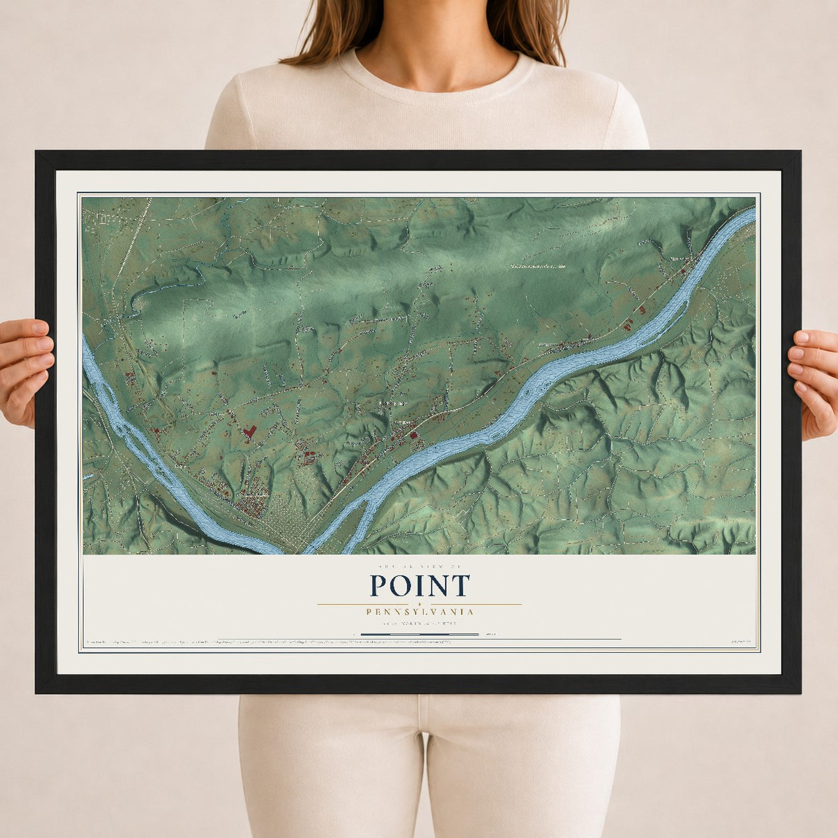 Map of Point, Pennsylvania, 18 x 24 inch print in a black wood frame