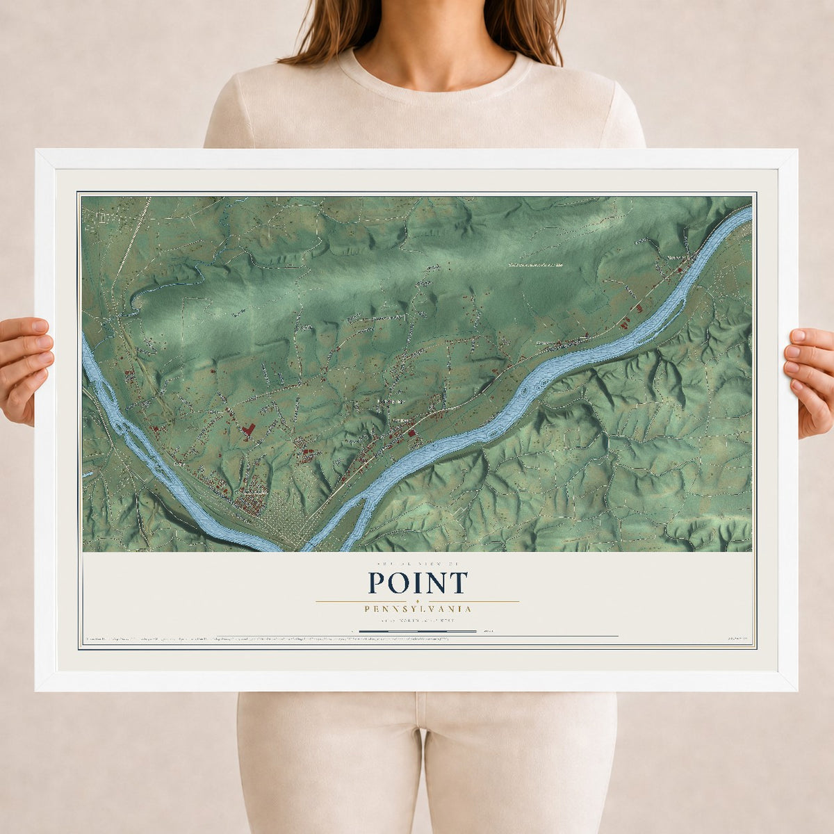 Map of Point, Pennsylvania, 18 x 24 inch print in a white wood frame