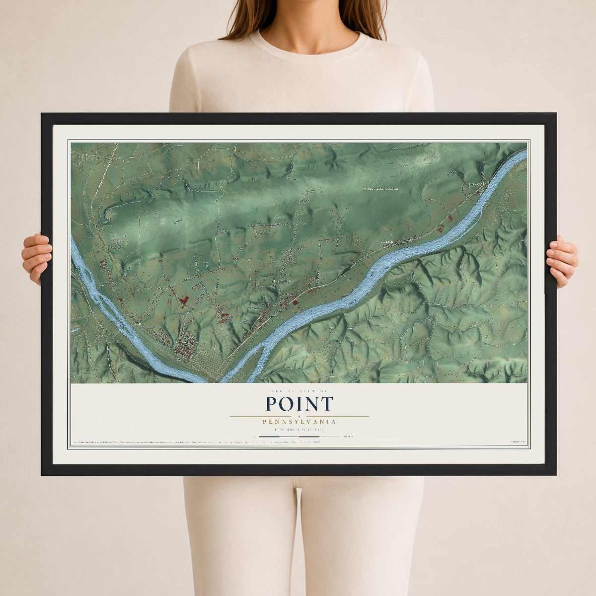 Map of Point, Pennsylvania, 24 x 36 inch print in a black wood frame
