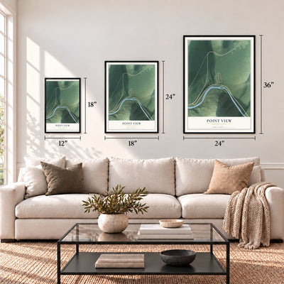 Point View, Pennsylvania map in 12 x 18, 18 x 24 and 24 x 36 inch sizes above a sofa