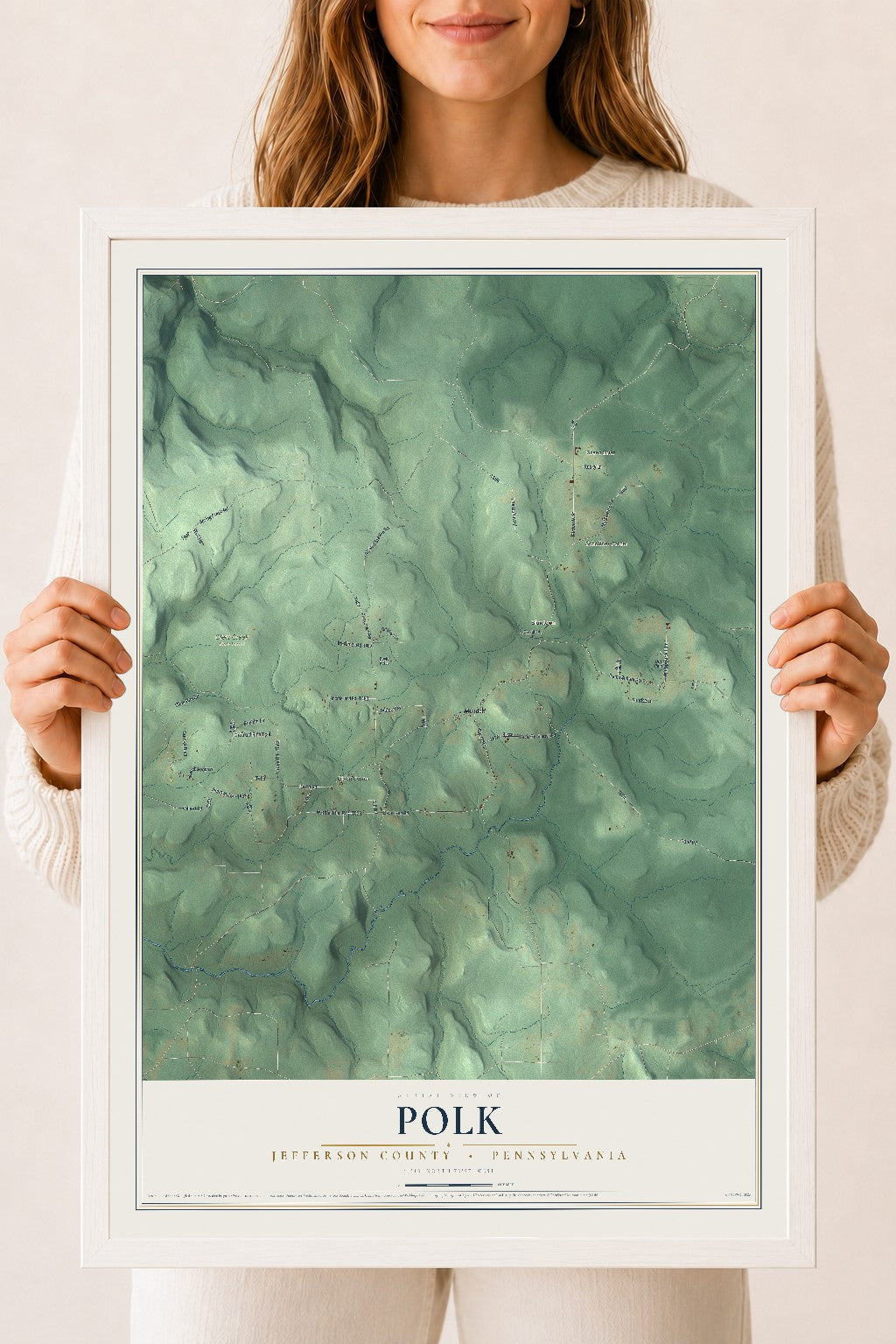 Map of Polk, Jefferson County, Pennsylvania, 18 x 24 inch print in a white wood frame