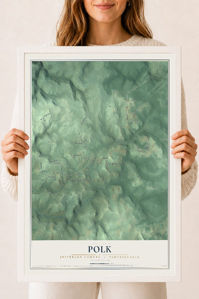 Map of Polk, Jefferson County, Pennsylvania, 18 x 24 inch print in a white wood frame