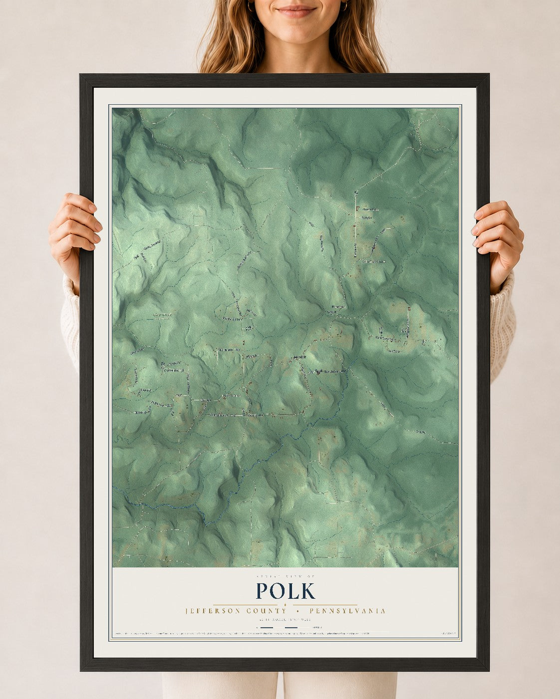 Map of Polk, Jefferson County, Pennsylvania, 24 x 36 inch print in a black wood frame