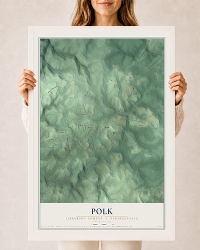 Map of Polk, Jefferson County, Pennsylvania, 24 x 36 inch print in a white wood frame
