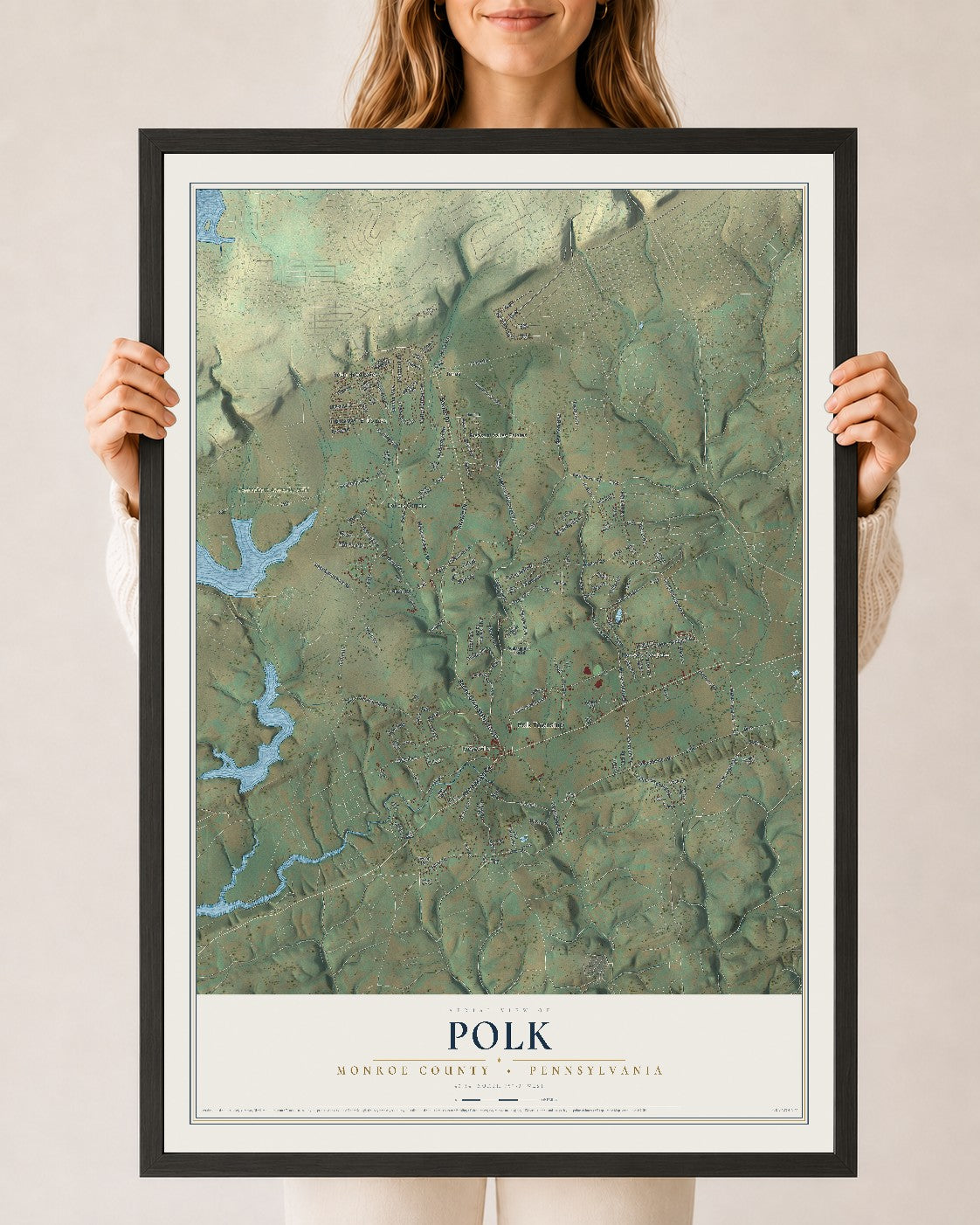 Map of Polk, Monroe County, Pennsylvania, 24 x 36 inch print in a black wood frame