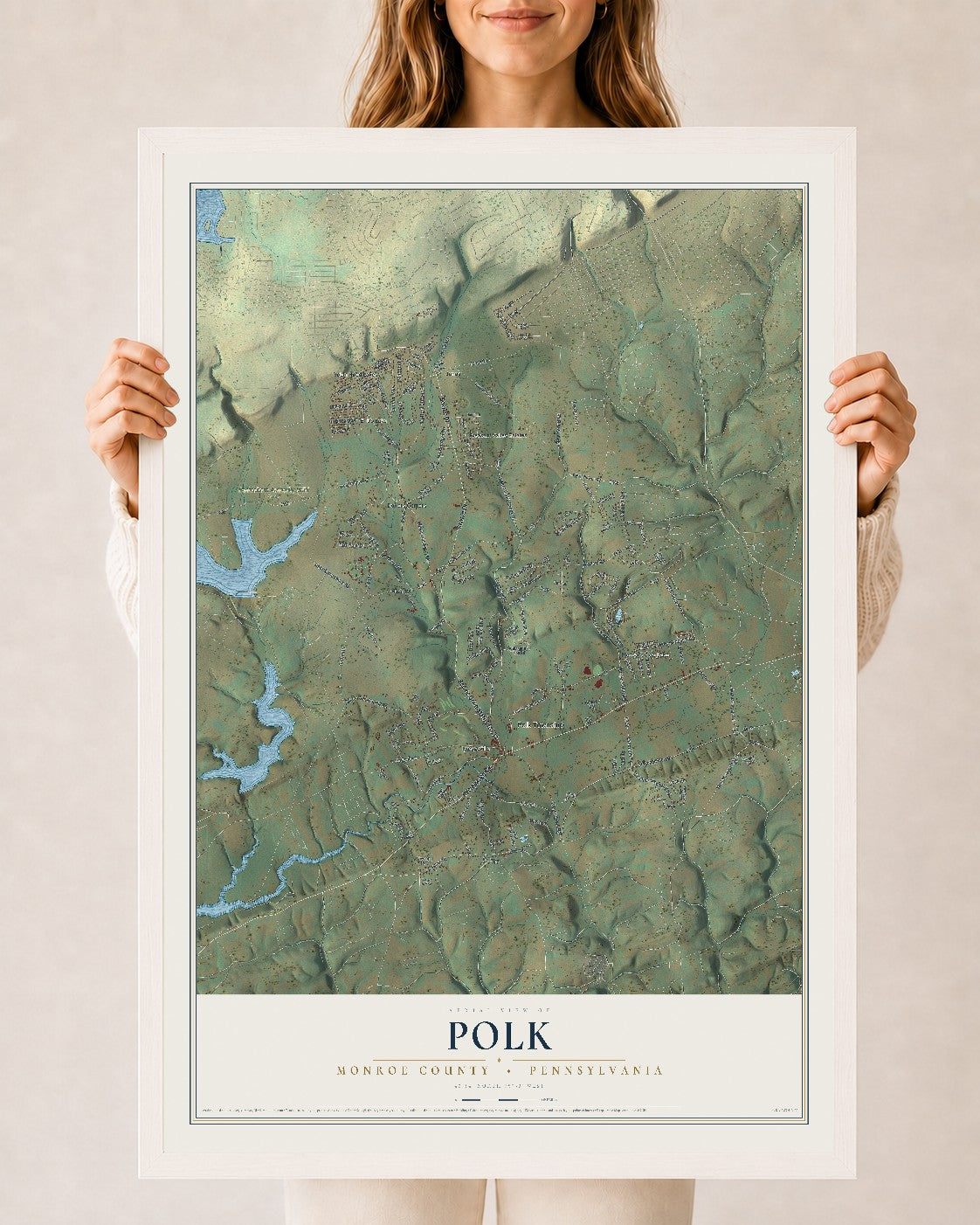 Map of Polk, Monroe County, Pennsylvania, 24 x 36 inch print in a white wood frame