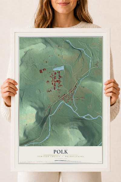 Map of Polk, Venango County, Pennsylvania, 18 x 24 inch print in a white wood frame