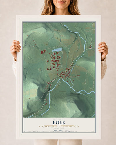 Map of Polk, Venango County, Pennsylvania, 24 x 36 inch print in a white wood frame