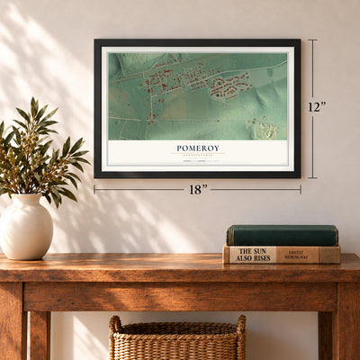 Pomeroy, Pennsylvania map, 12 x 18 inch print in a black frame in an entryway