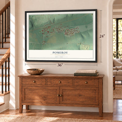 Pomeroy, Pennsylvania map, 24 x 36 inch print in a black frame above a dresser by a staircase