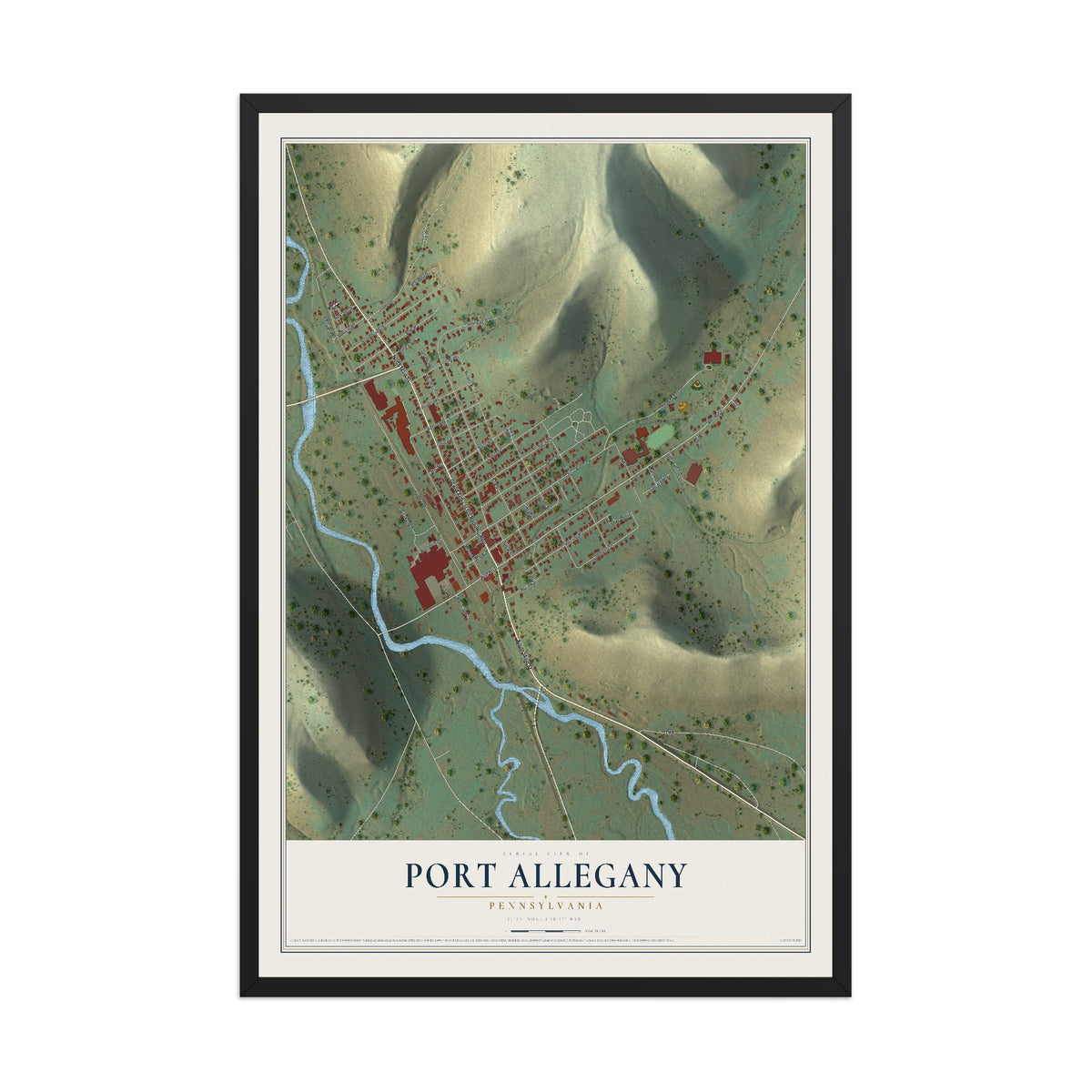 Map of Port Allegany, Pennsylvania, 12 x 18 inch print in a black wood frame