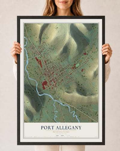 Map of Port Allegany, Pennsylvania, 24 x 36 inch print in a black wood frame