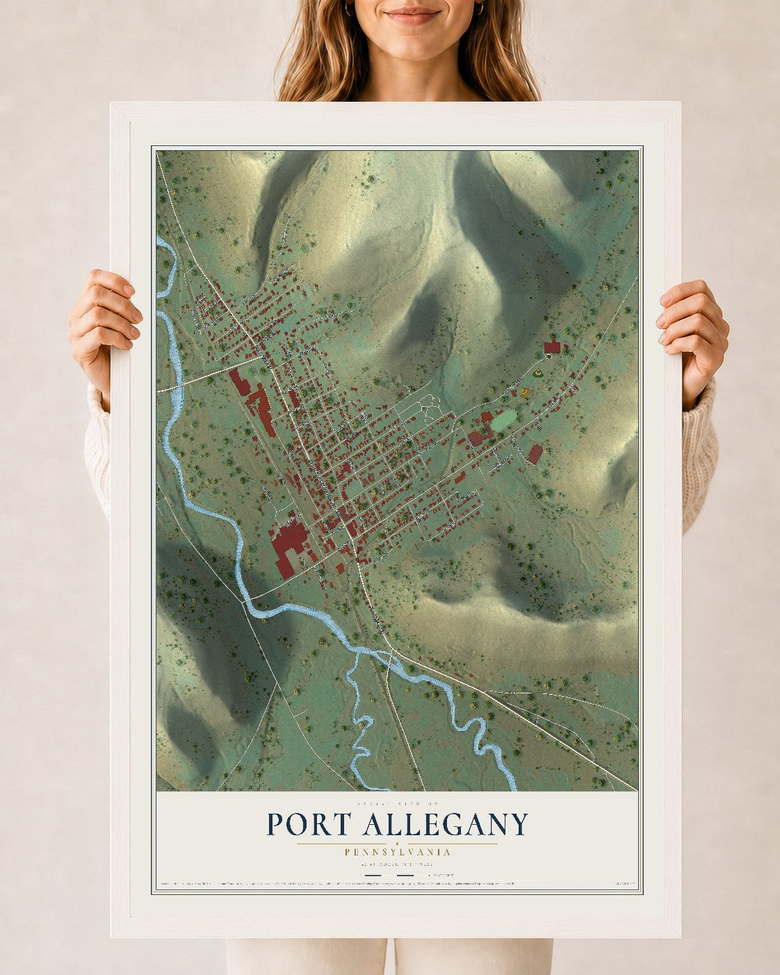 Map of Port Allegany, Pennsylvania, 24 x 36 inch print in a white wood frame
