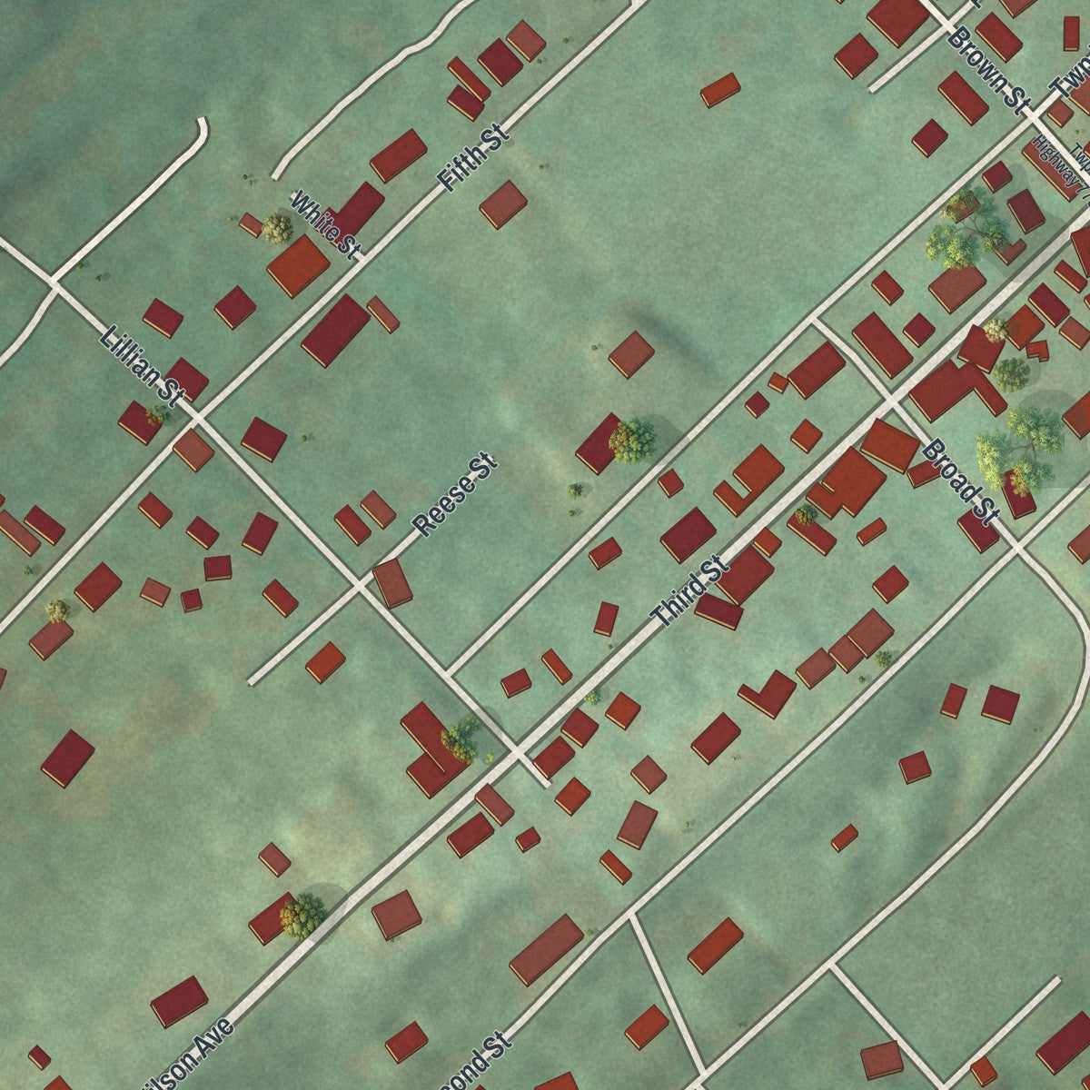 Second close-up of the map of Port Carbon, Pennsylvania print showing more streets and buildings