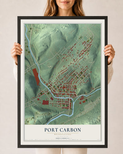 Map of Port Carbon, Pennsylvania, 24 x 36 inch print in a black wood frame
