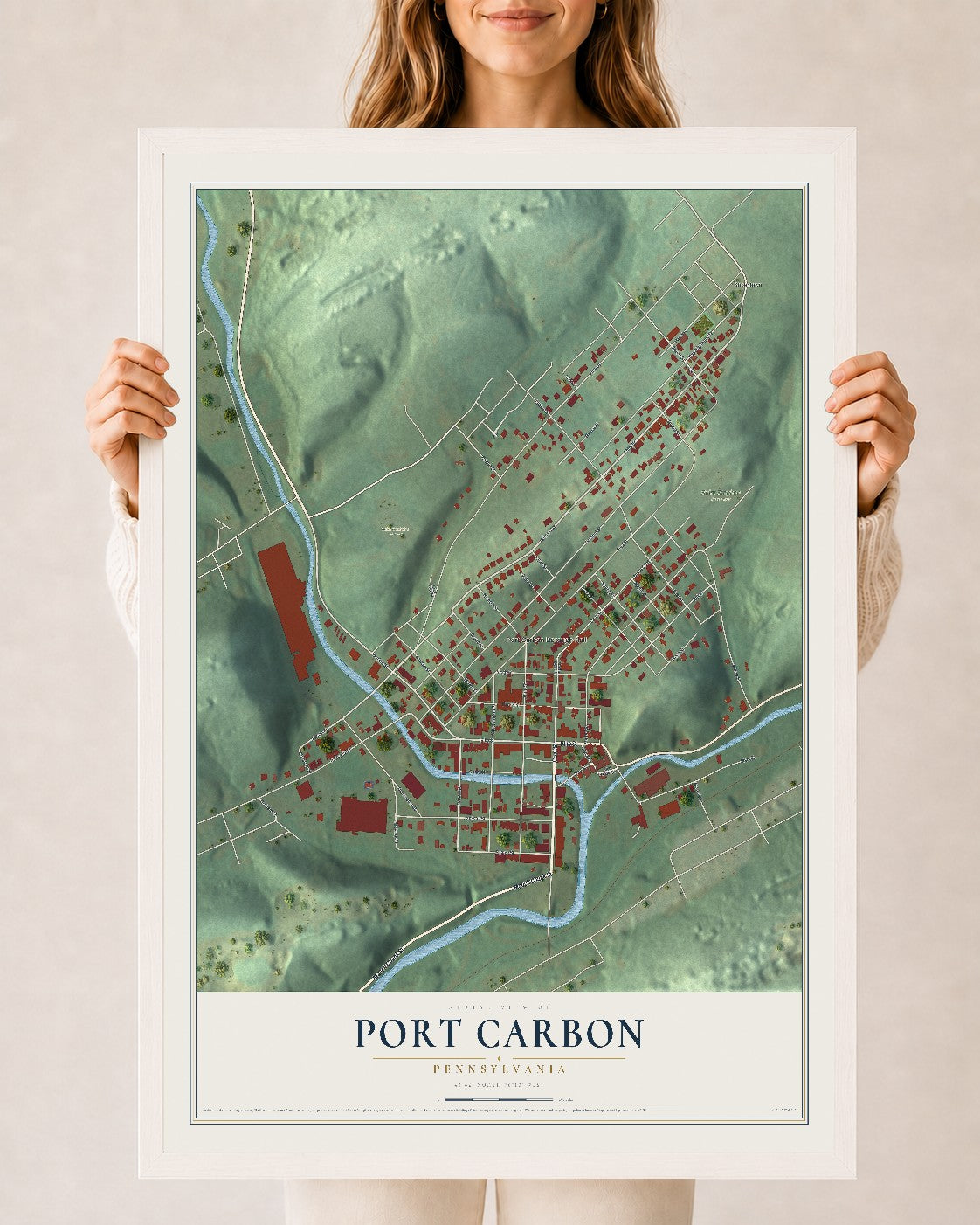 Map of Port Carbon, Pennsylvania, 24 x 36 inch print in a white wood frame