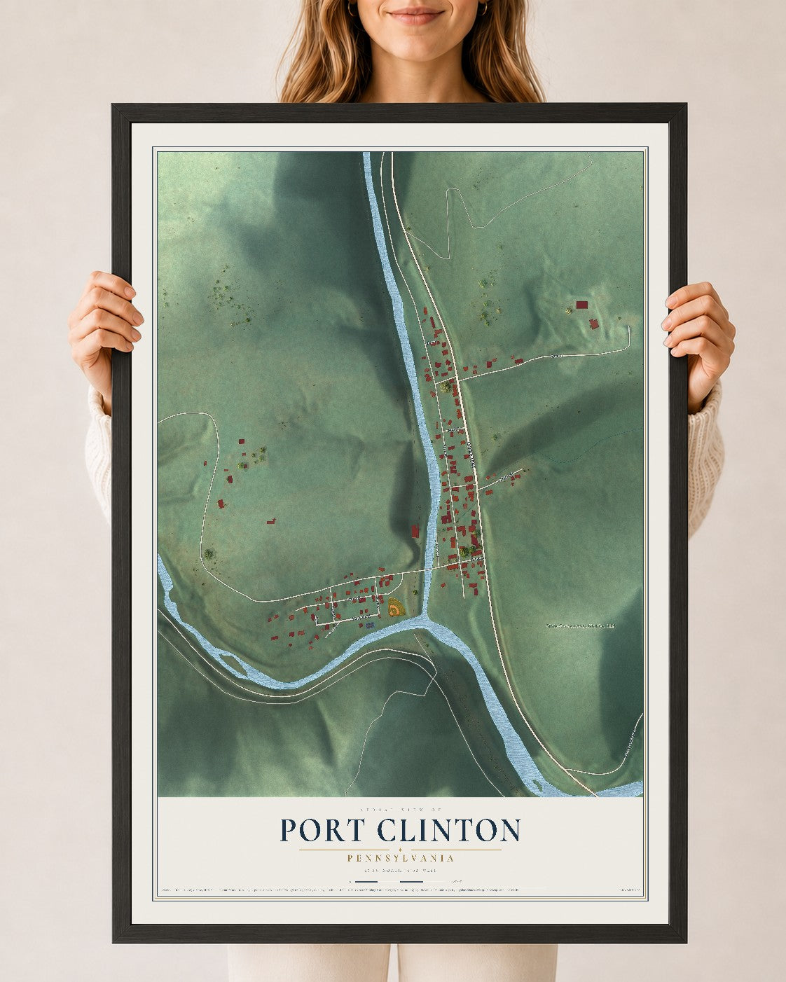 Map of Port Clinton, Pennsylvania, 24 x 36 inch print in a black wood frame