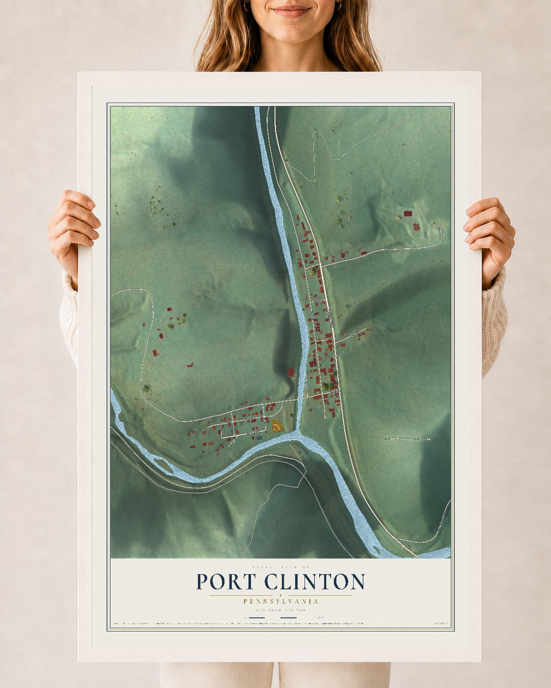 Map of Port Clinton, Pennsylvania, 24 x 36 inch print in a white wood frame