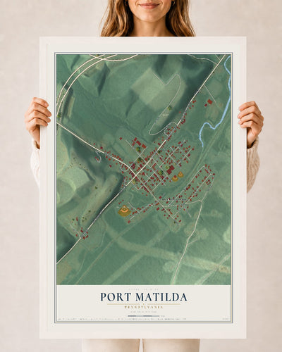 Map of Port Matilda, Pennsylvania, 24 x 36 inch print in a white wood frame
