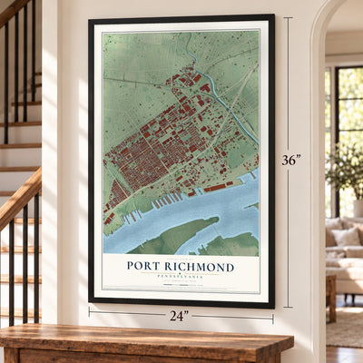 Port Richmond, Pennsylvania map, 24 x 36 inch print in a black frame by a staircase