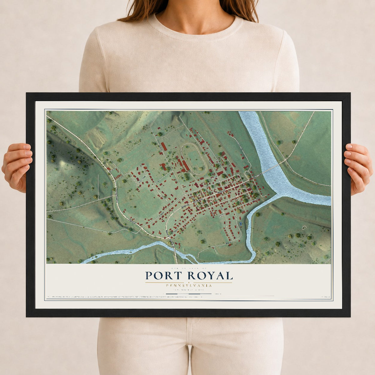 Map of Port Royal, Pennsylvania, 12 x 18 inch print in a black wood frame