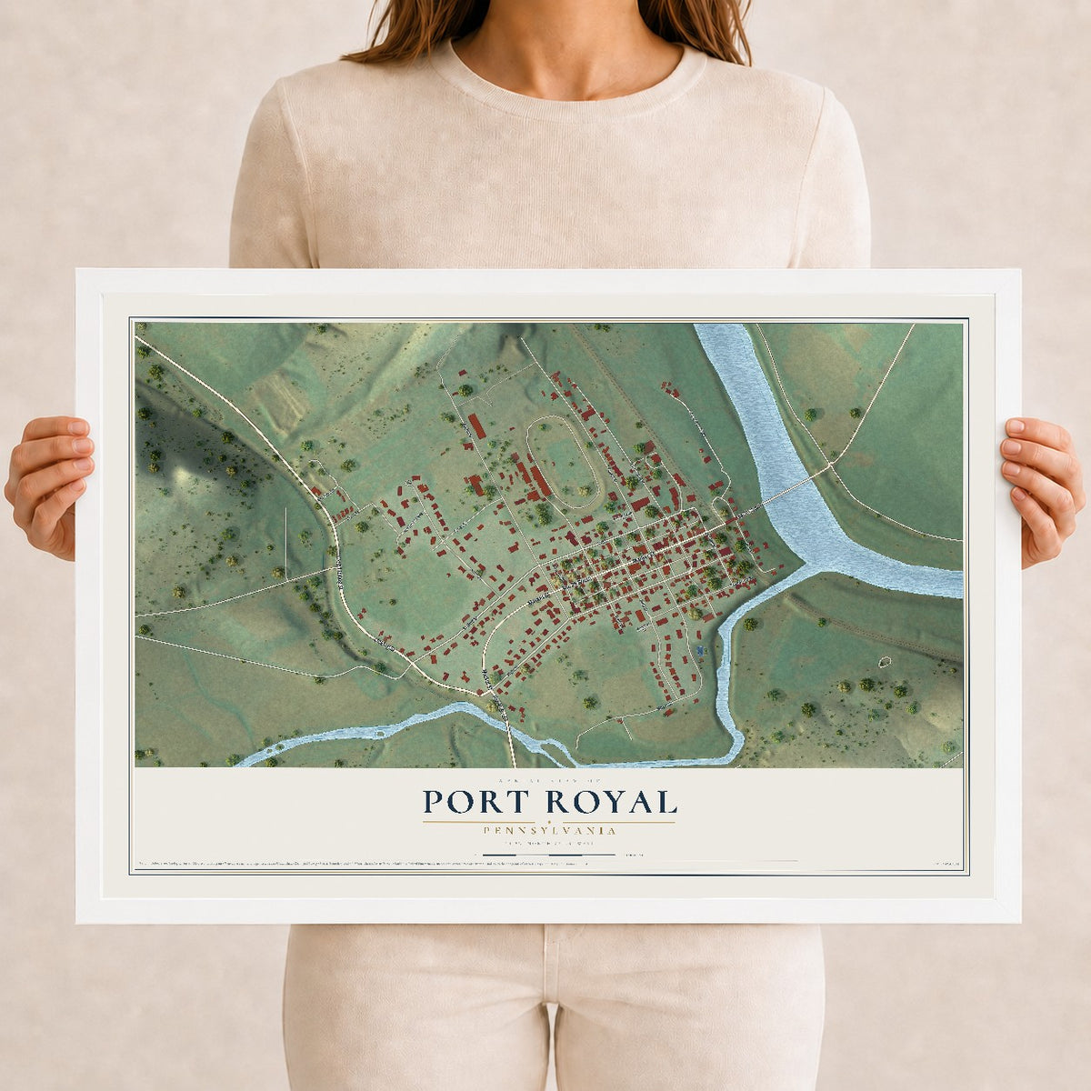 Map of Port Royal, Pennsylvania, 12 x 18 inch print in a white wood frame
