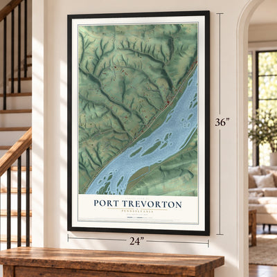 Port Trevorton, Pennsylvania map, 24 x 36 inch print in a black frame by a staircase
