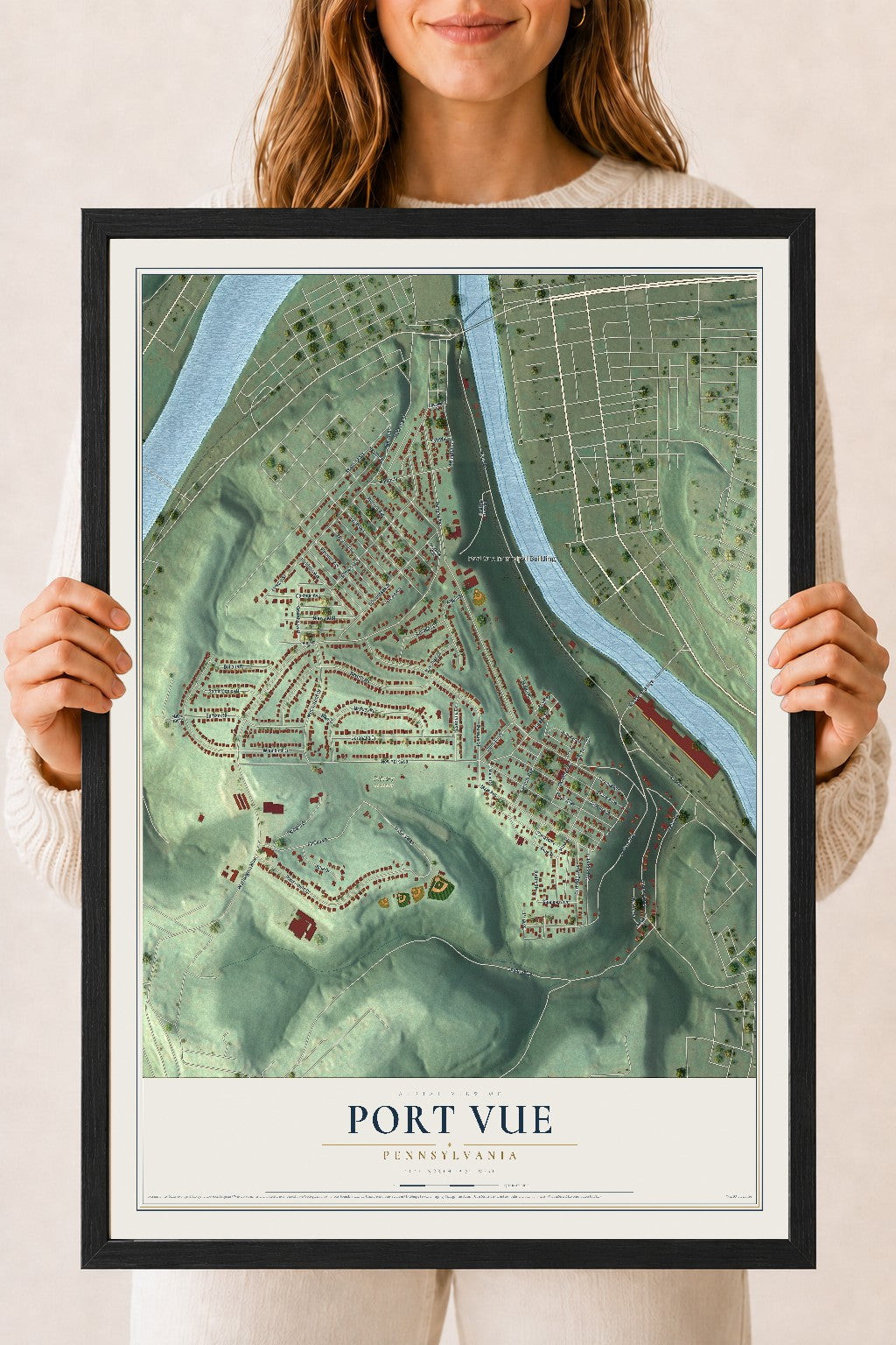 Map of Port Vue, Pennsylvania, 18 x 24 inch print in a black wood frame