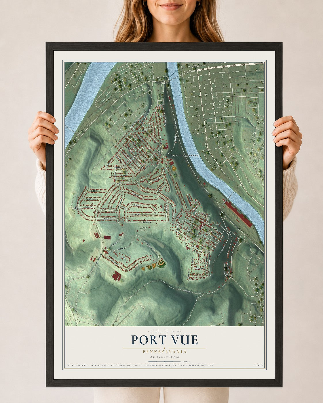 Map of Port Vue, Pennsylvania, 24 x 36 inch print in a black wood frame