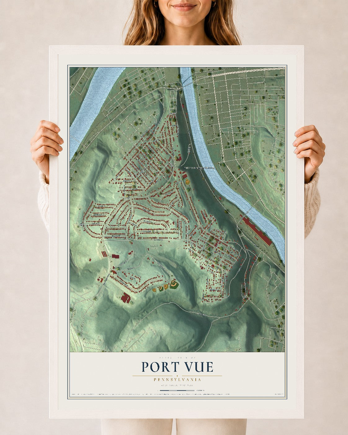 Map of Port Vue, Pennsylvania, 24 x 36 inch print in a white wood frame
