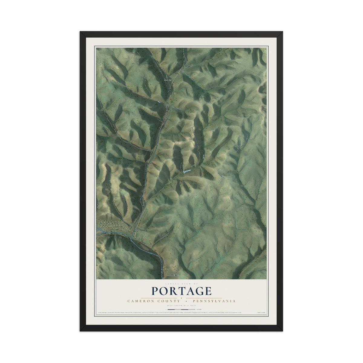 Map of Portage, Cameron County, Pennsylvania, 12 x 18 inch print in a black wood frame