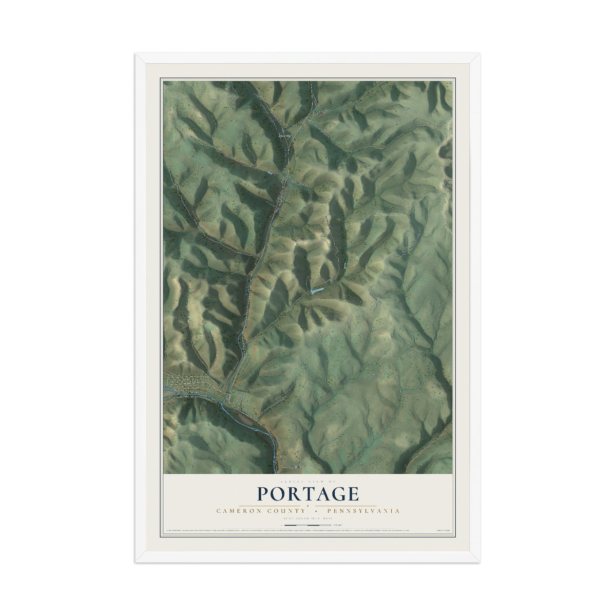 Map of Portage, Cameron County, Pennsylvania, 12 x 18 inch print in a white wood frame