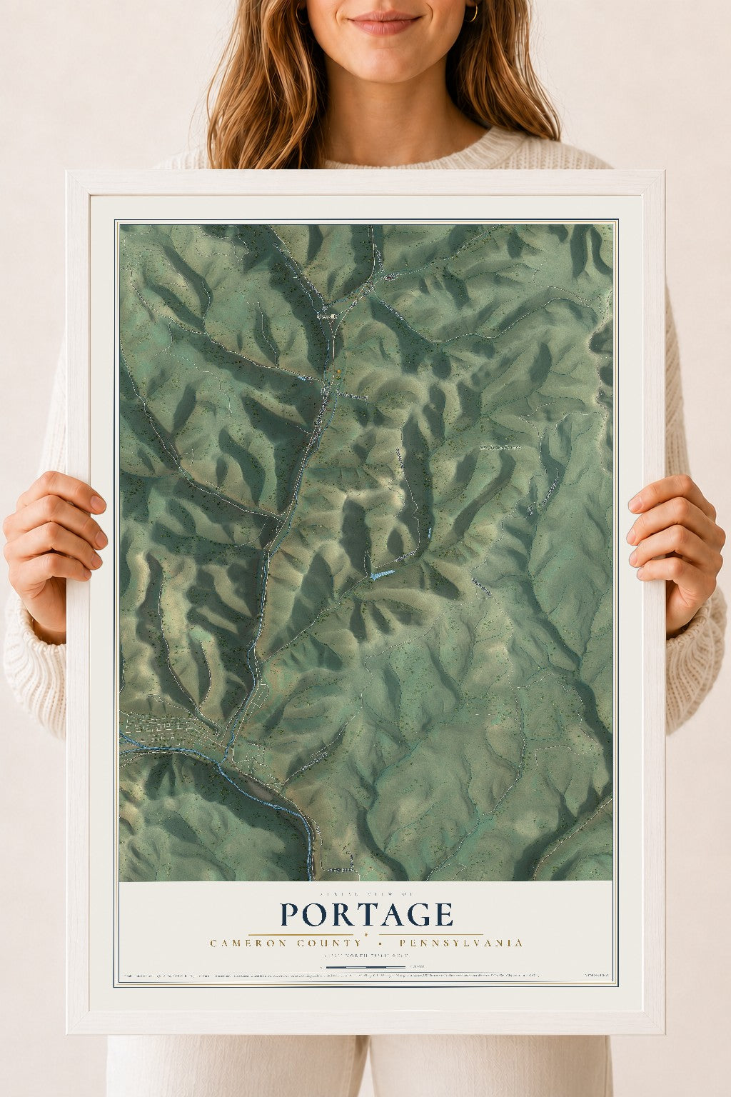 Map of Portage, Cameron County, Pennsylvania, 18 x 24 inch print in a white wood frame