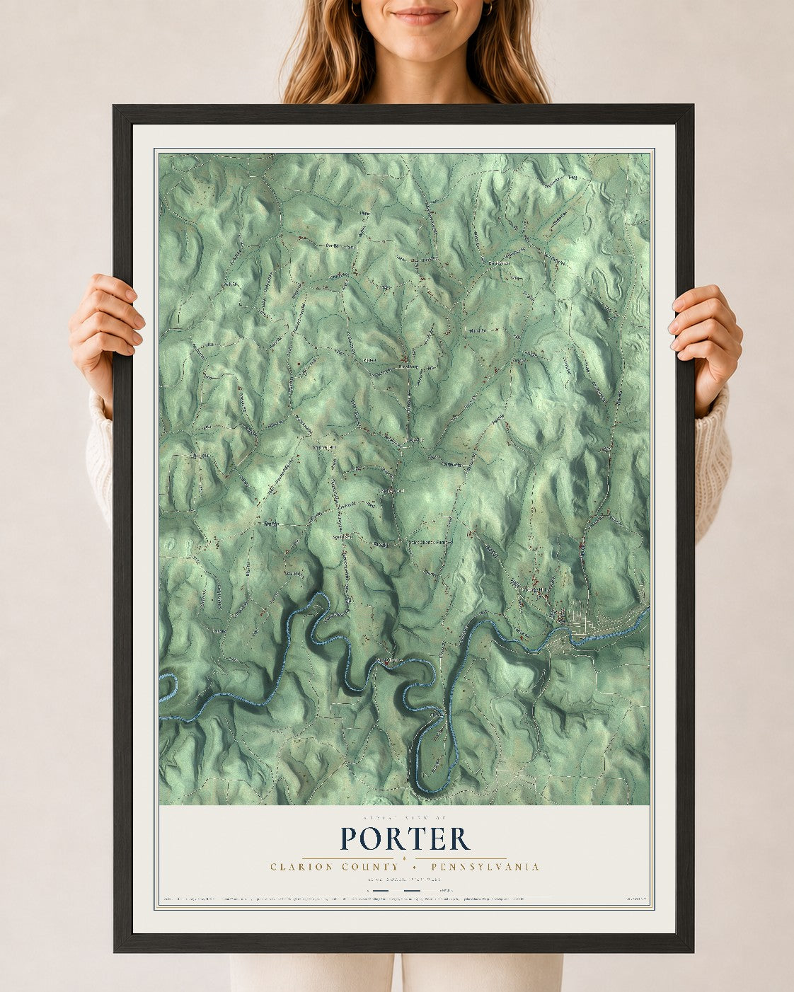 Map of Porter, Clarion County, Pennsylvania, 24 x 36 inch print in a black wood frame