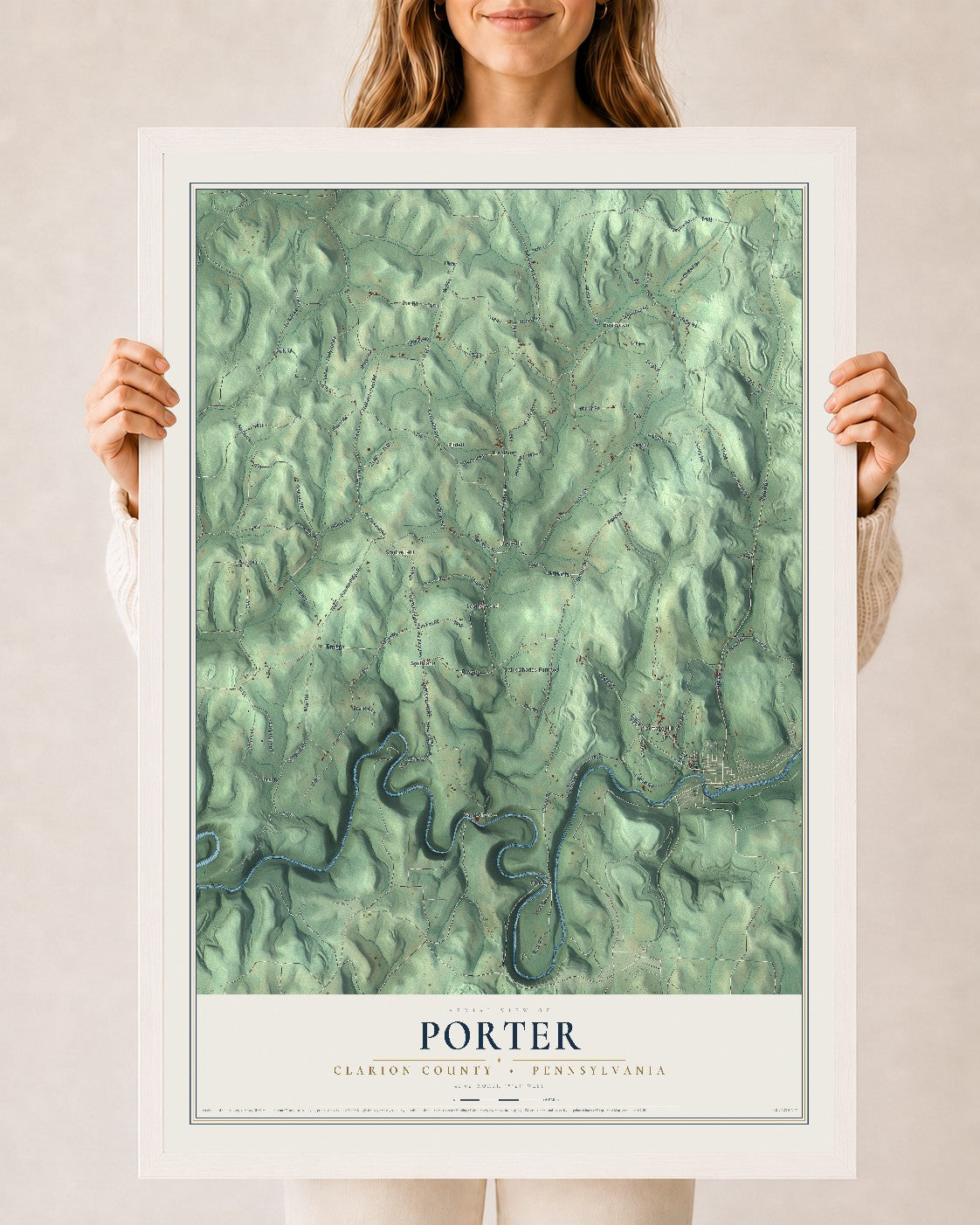 Map of Porter, Clarion County, Pennsylvania, 24 x 36 inch print in a white wood frame
