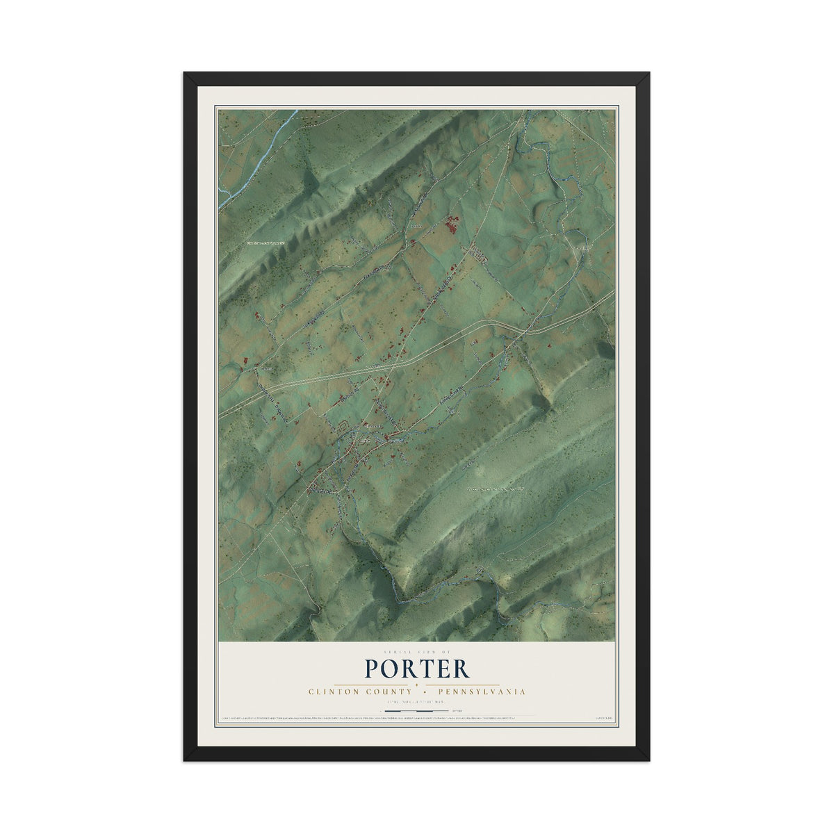 Map of Porter, Clinton County, Pennsylvania, 12 x 18 inch print in a black wood frame
