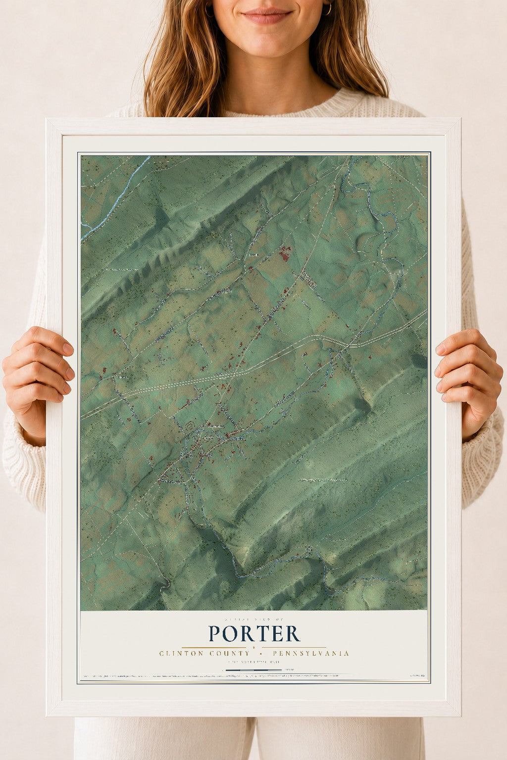 Map of Porter, Clinton County, Pennsylvania, 18 x 24 inch print in a white wood frame