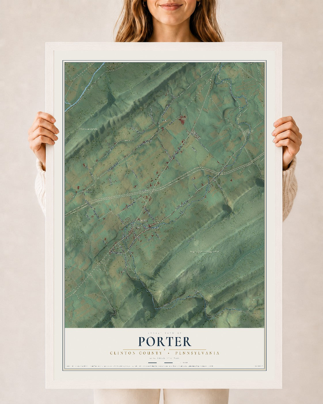 Map of Porter, Clinton County, Pennsylvania, 24 x 36 inch print in a white wood frame