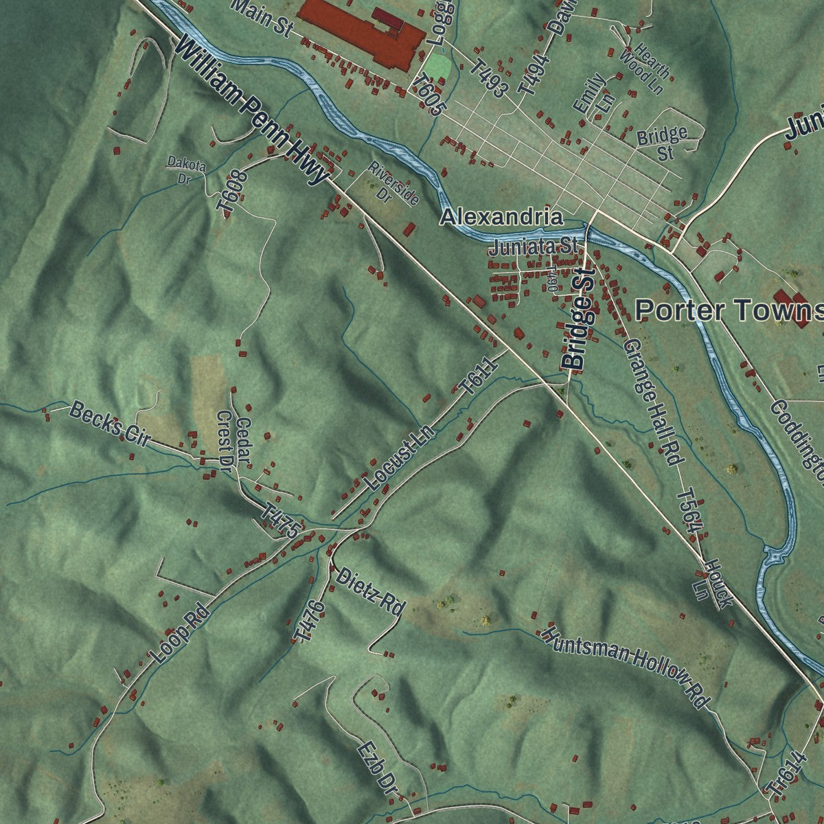 Close-up of the map of Porter, Huntingdon County, Pennsylvania print showing street and building detail
