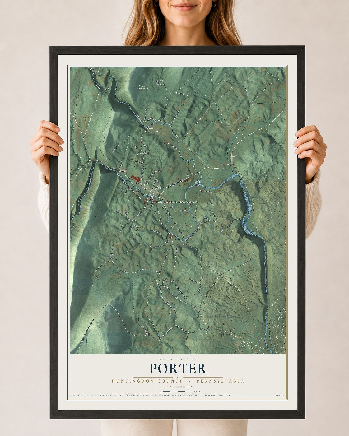 Map of Porter, Huntingdon County, Pennsylvania, 24 x 36 inch print in a black wood frame